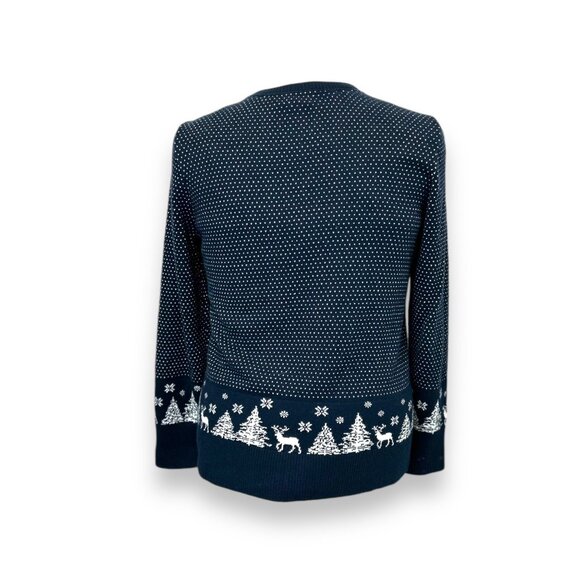 L.L. Bean XSP Navy Holiday Cardigan Sweater Snowflakes/Reindeer 5% Cashmere - Picture 5 of 10